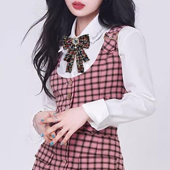 Women's Faux Pearl Rhinestone Bowknot Brooch Pin Elegant Necklace Accessory - Picture 6 of 6